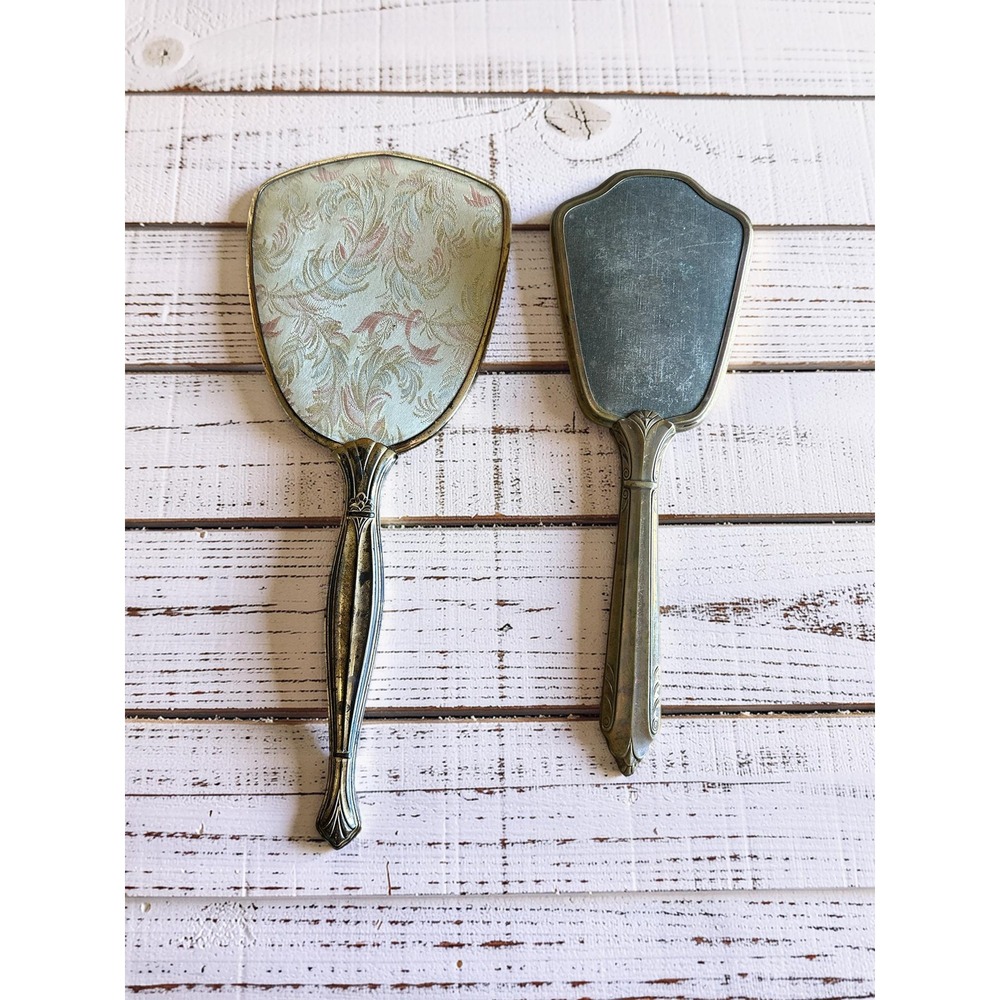 Vintage Gold Tone Vanity Set‎ Hand Mirror Hair Brush Floral Embroidery Art Deco